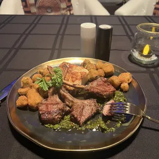 Lamb chops with scalloped potatoes and FRIED OKRA.