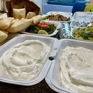 Two large Garlic Spread, Tabbouleh Salad, Fattoush Salad, Lamb Gyro Sandwich, Lamb Gyros Platter Dinner Combo, Shish Tawook Sandwich