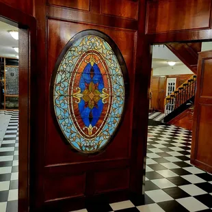 a stained glass window in the lobby