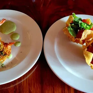 Coconut shrimp and ahi tuna wonton,  both beautiful and delicious!