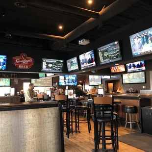 Lots of TVs for watching different games. Booth and high top and bar seating.