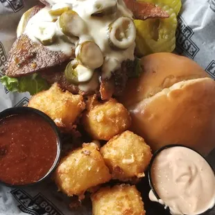Fired Up burger and house made cheese curds (1/2 order)  If you like it hot, add the Hell Fire Sauce.