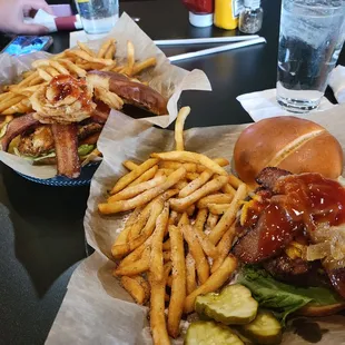Brown Sugar Smoked Bacon Burger on the left, Grilled Chicken Breast with Bacon on the right.