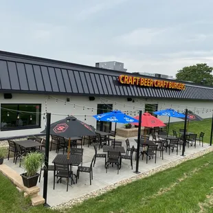 patio area with tables and umbrellas