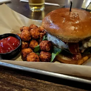 Bacon cheeseburger with sweet potato tots