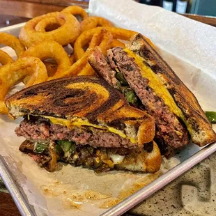 Patty Melt - $8.95 on Mondays (added jalapeños) w/ Onion Rings ($1.95 up charge)