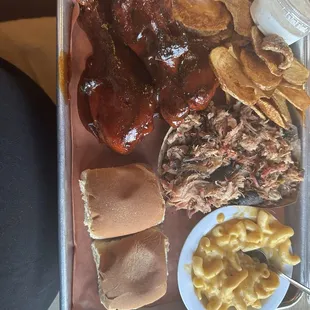 Combo platter chopped bbq and jumbo drumsticks