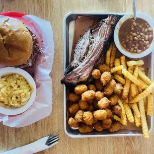 Texas Brisket on the right, and chopped brisket sandwich on the left.