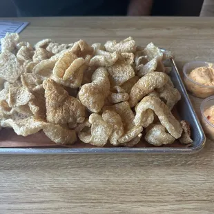 Pork skins and pimento cheese dip