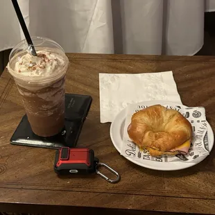 Mayan Mocha Frappe and ham and cheese croissant.