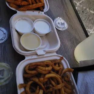 Curly and Sweet Potato fries! Ranch and Honey Mustard