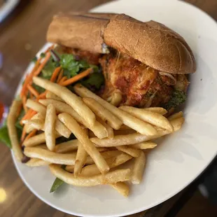 02/27/21 - Meatball Sandwich with a side of fries and salad.