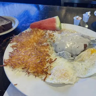Breakfast  Country Fried Steak and eggs with Hash Browns