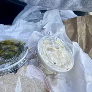 "Small" Mustard Greens  "Small" Potato Salad  (side size that comes with the 2-way - should be called tiny)