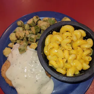 Chicken fried chicken with fried okra and mac and cheese, excellent!