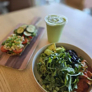 Pomona bowl, half and half tartine and an ocean drive smoothie