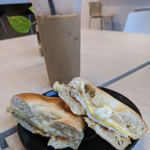 Maple latte and egg and cheese bagel