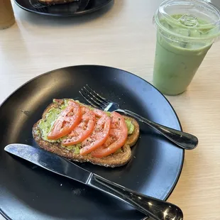 Avocado toast and iced matcha latte with vanilla.