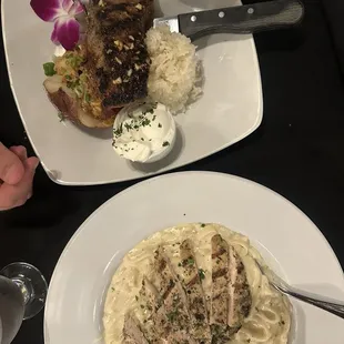 Chicken Alfredo and NY strip