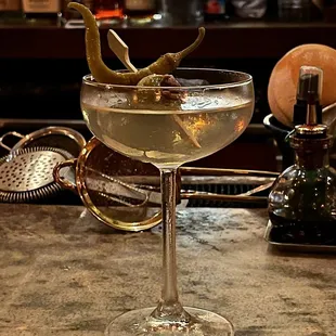 Martini Madrileño - Bristow Gin, Fino, Orange Bitters, Anchovy Olive/Piparra