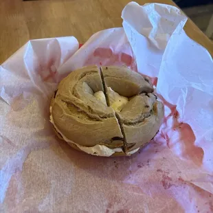 Cinnamon Raisin bagel with plain cream cheese.