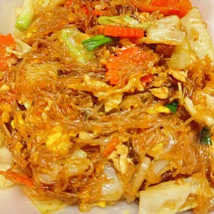 Pad Woon Sen - stir fried glass noodles with egg, veggies in soy sauce and choice of meat