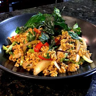 Wok basil with ground chicken breast