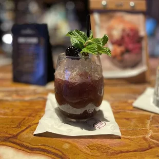 a drink on a wooden table
