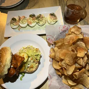Honey Hot Chicken Sandwich, deviled eggs and house chips