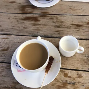 a cup of coffee and a plate of donuts