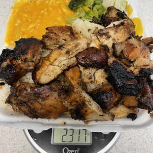 chicken and rice on a scale