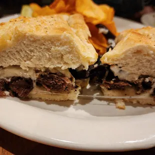 Roast Beef sandwich with Lay&apos;s BBQ chips.. needs Auju