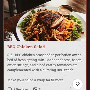 The menu showing what the bbq chicken salad is