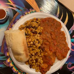 Shrimp Creole and Black Beans and Caramelized Corn