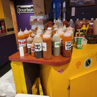 Hot sauce bar - they have extra hot in the kitchen