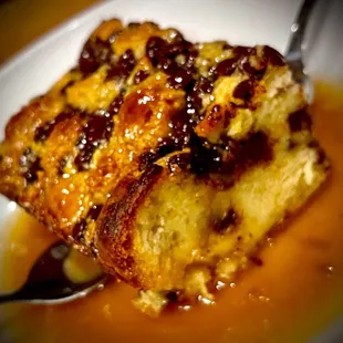 a closeup of a piece of bread pudding