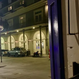 a view of a street at night