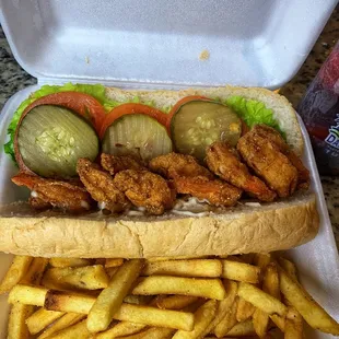 Shrimp poboy and fries