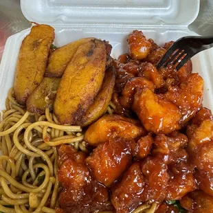 Orange chicken, lo mein &amp; plaintains