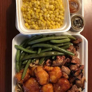 Orange chicken, bourbon chicken, string beans, noodles. Side of corns.