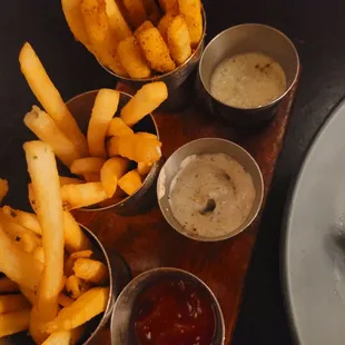 Trio of duck fat fries and sauces.