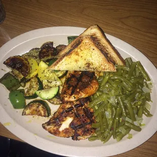 Cajun chicken, grilled veggies and southern green beans..