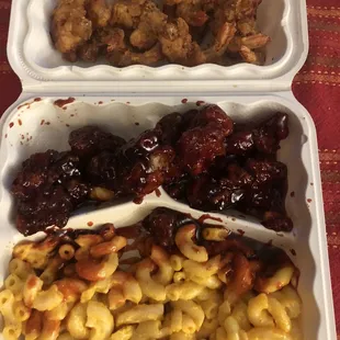Super dry Cajun shrimp, honey chicken, Mac and cheese.