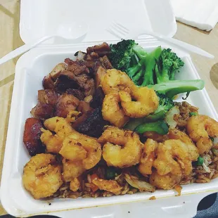 Spicy bourbon chicken, Cajun shrimp, fried rice and broccoli