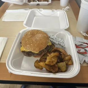 Burger and potato spuds.