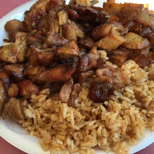 Large Bourbon Chicken with spicy rice and potatoes