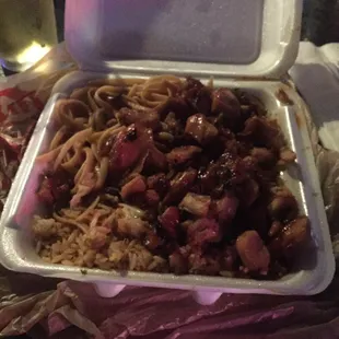 Bourbon Chicken, Lo mein noodles, and Spicy Rice