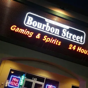 the front of bourbon street gaming and spirits 24 hours