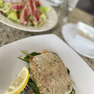 Crusted salmon and seared ahi tuna salad