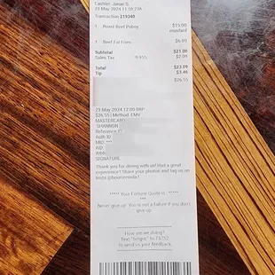 My receipt for my meal.